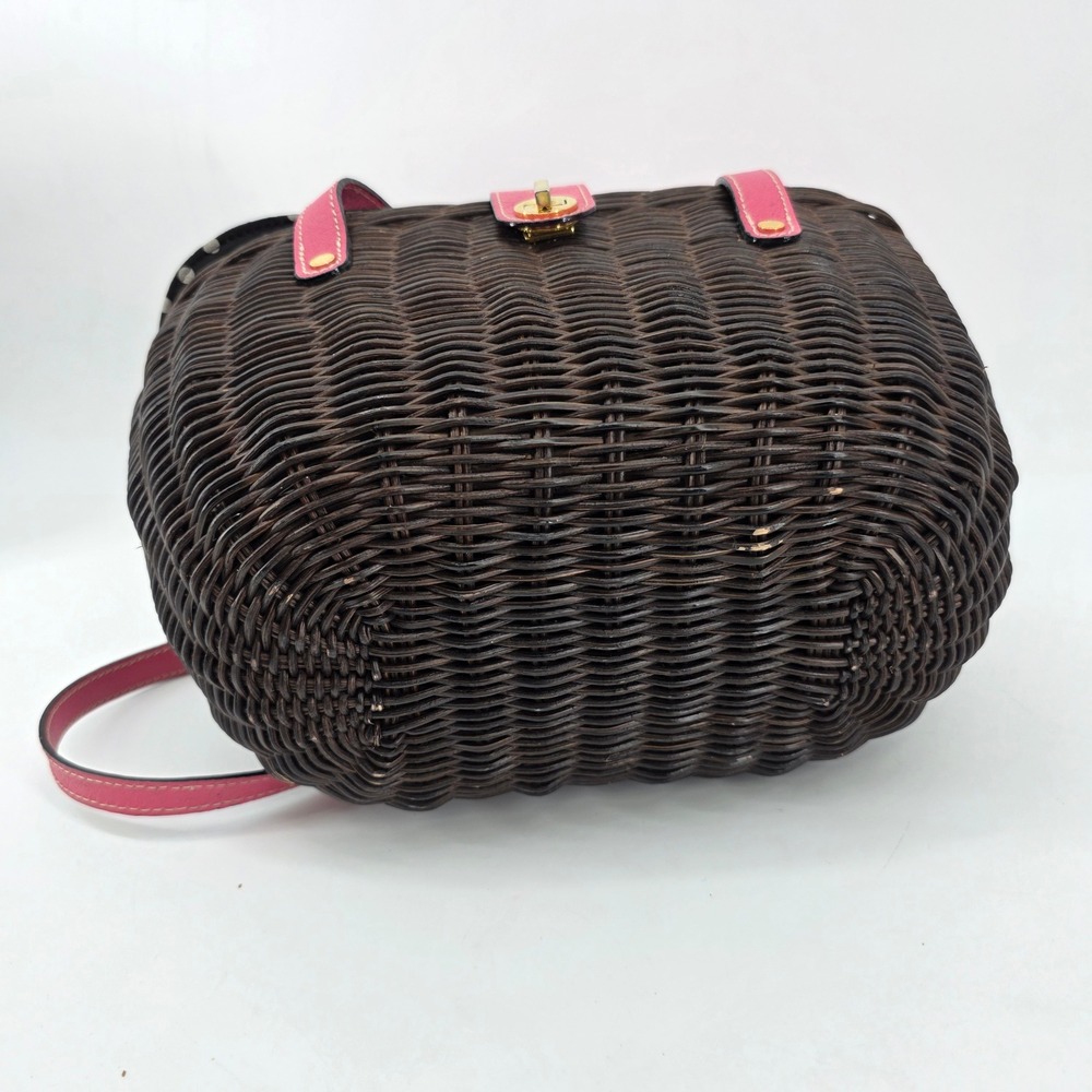Kate Spade Pink Leather Dark Brown Wicker Picnic Basket Polka Dot Satchel Bag - Picture 8 of 13